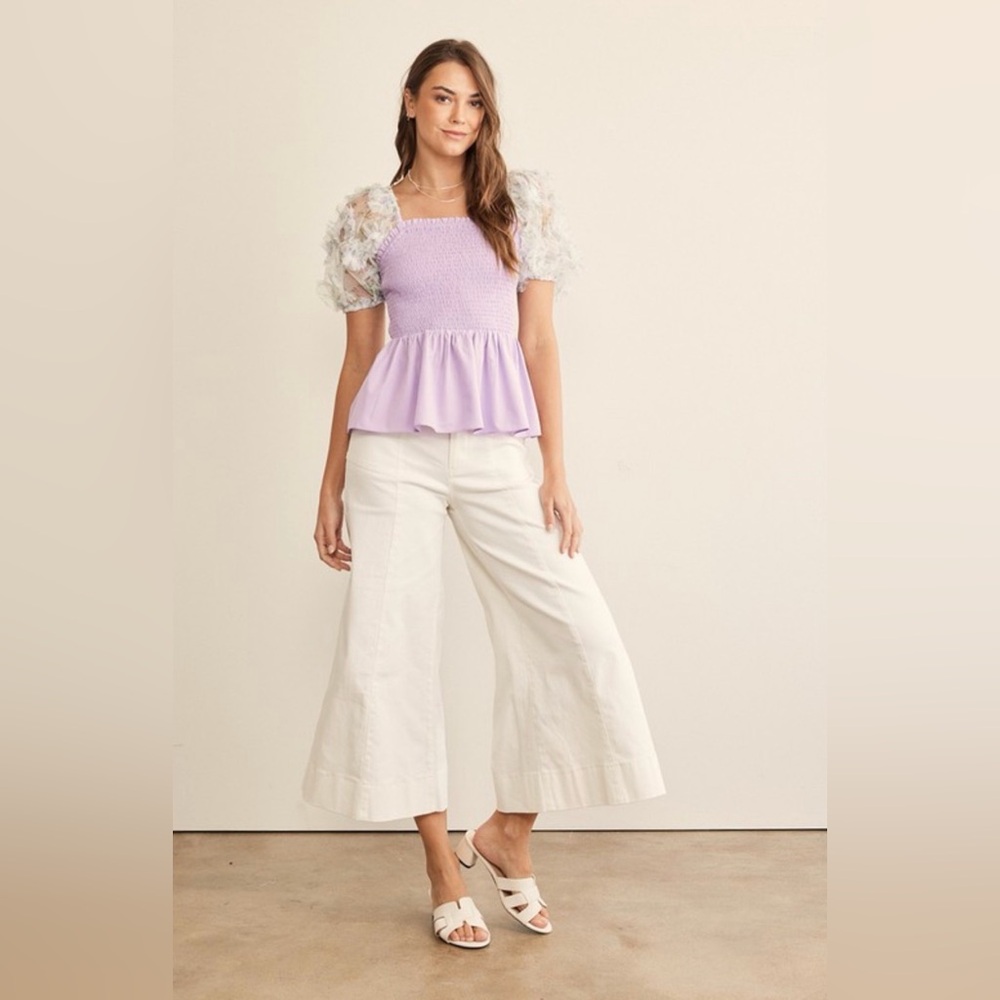 Lilac Smocked Blouse with Floral Puff Sleeves